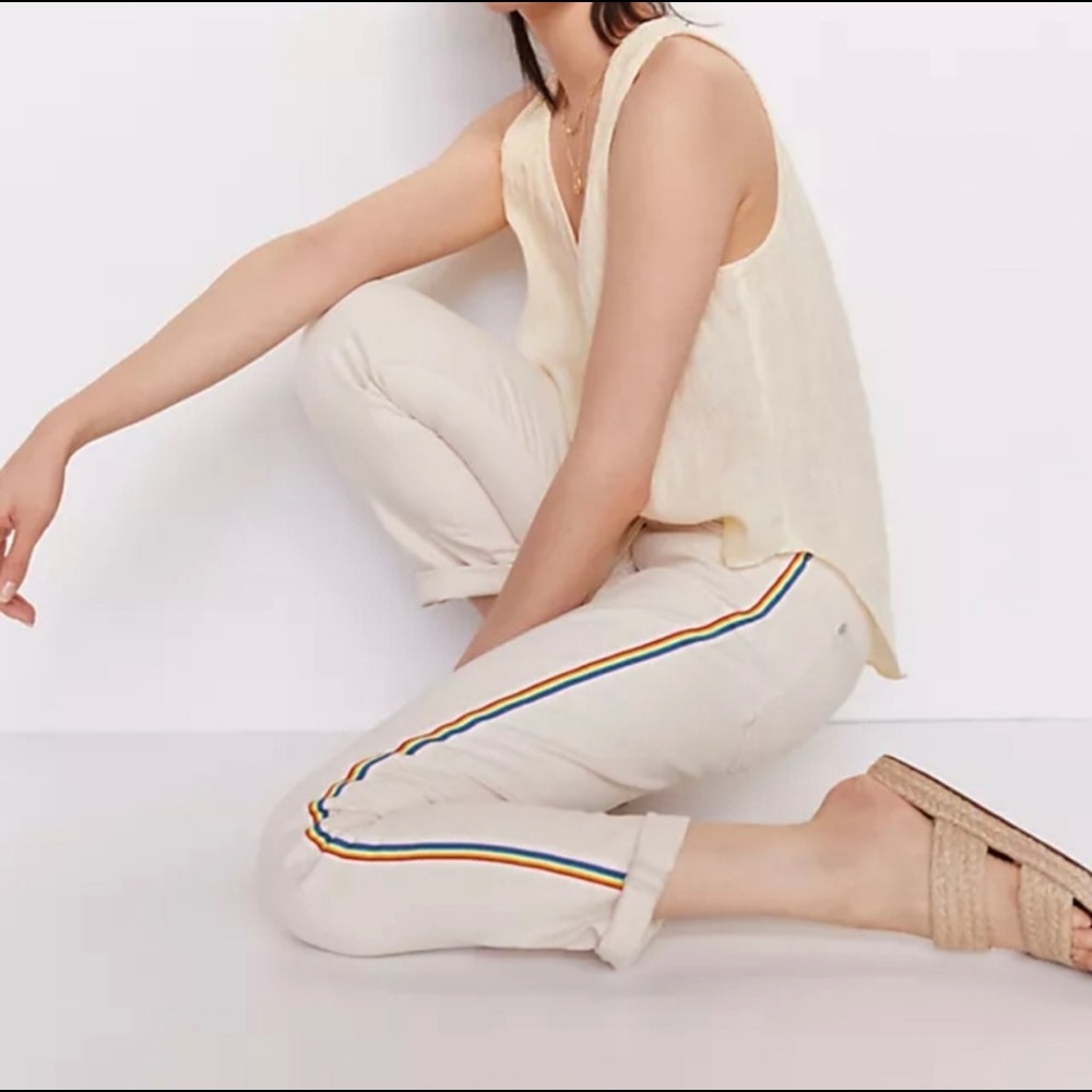 Anthropologie White/Beige Jeans with Rainbow Stripe